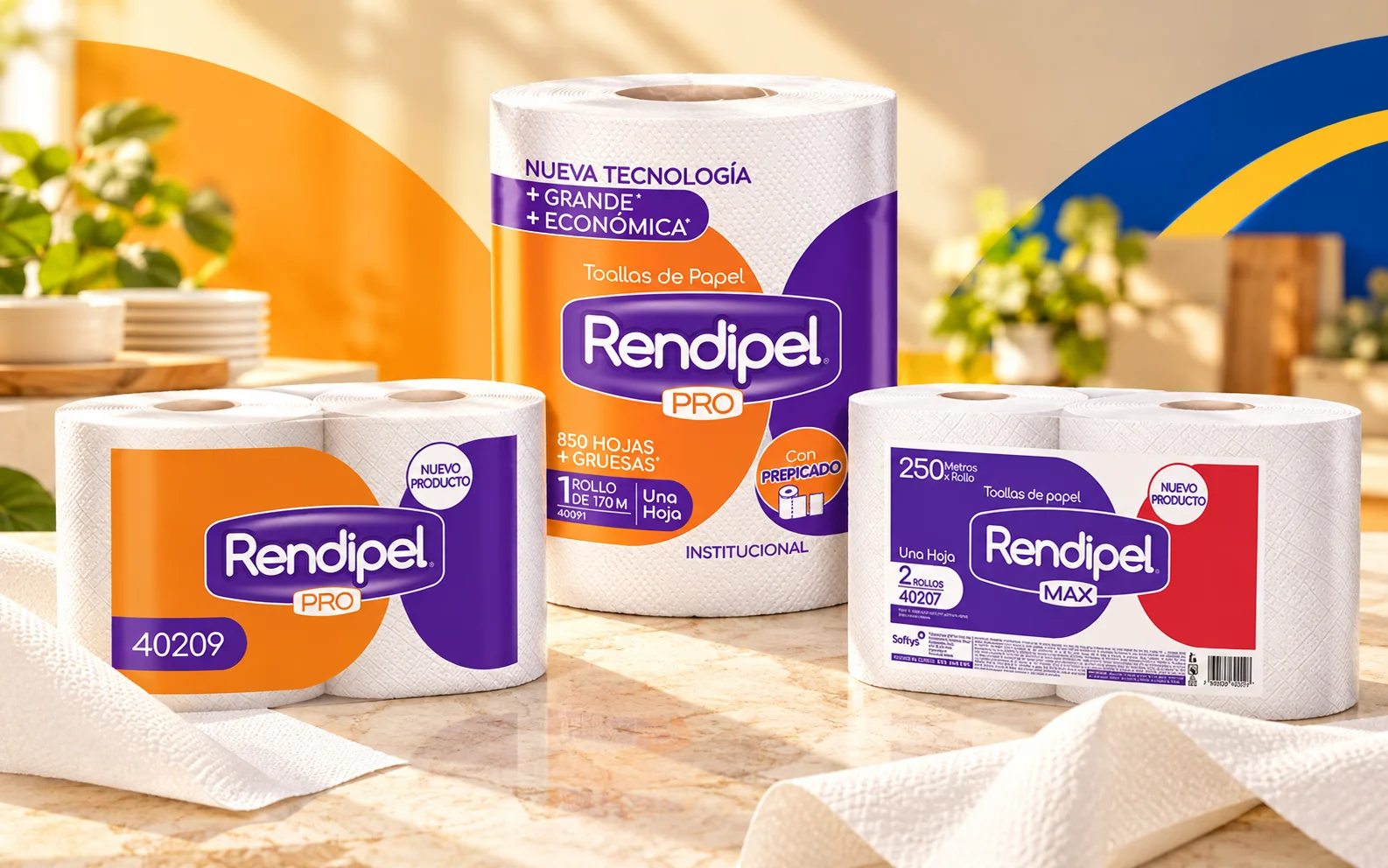 Tres formatos de toalla de papel Rendipel en una escena promocional